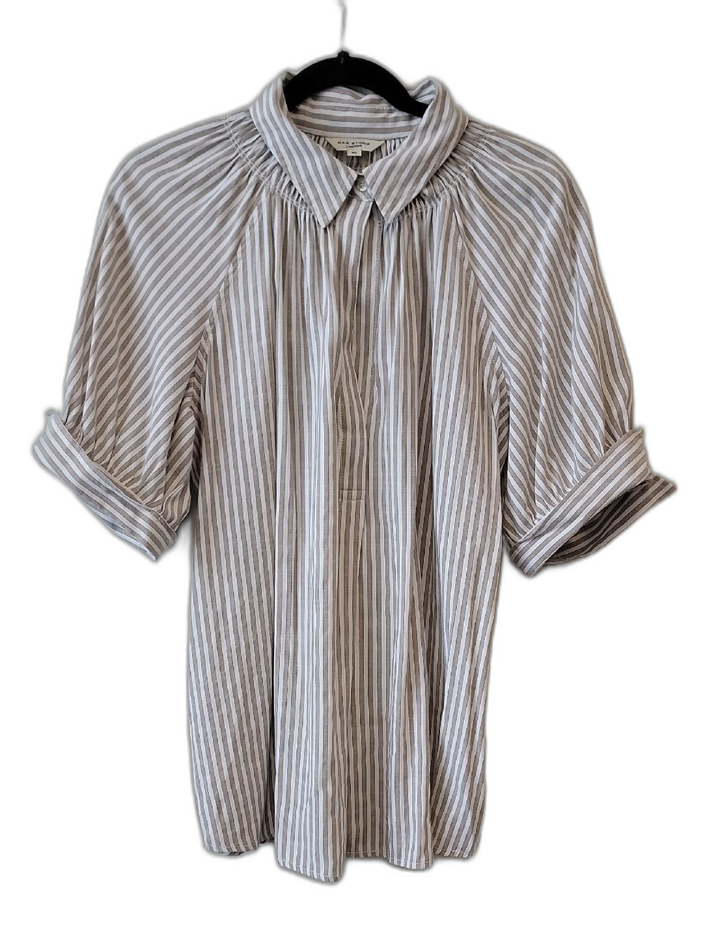Max Studio Striped Button-Down Blousy Cottagecore Shirt in Beige and White